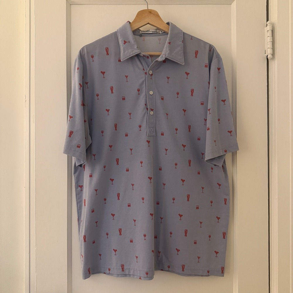Criquet‎ Mens Performance Polo Shirt Blue Cocktail Print Sz L: Golf, Resort wear